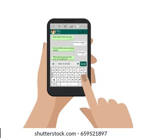 Hand holding smartphone, touching screen and write message in social network. Vector. Keyboard of mobile phone, alphabet buttons. Messenger window. Chating and messaging concept. Green chat boxes.