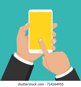 Hand holding smartphone and touching screen. Vector illustration.