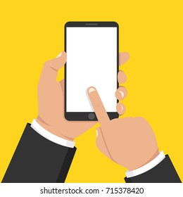 Hand holding smartphone and touching screen. Vector illustration.