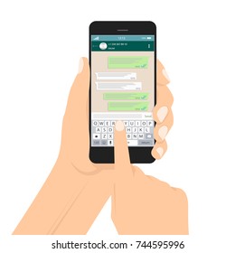 Hand holding smartphone, touching screen and write message in social network. Vector. Keyboard of mobile phone, alphabet buttons. Chatting and messaging concept.