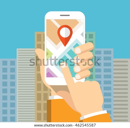 Hand holding smartphone and touching screen with mobile map gps navigation. Finding the way concept. Flat vector illustration.