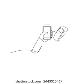 Hand holding smartphone for touchless payment on pos machine, edc, payment terminal. Touchless transaction concept in business and finance.