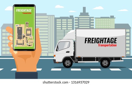 Hand holding smartphone for tracking delivery. City skyline and truck.