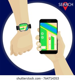 Hand holding smartphone with tracking gps navigation. Red marker. Map flat application design. Hand with smartwatch gps navigation. Map, road. Vector. Location search. 