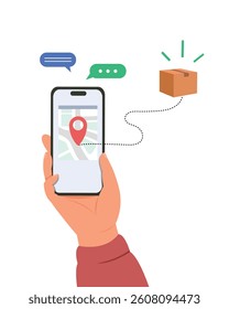 Hand holding smartphone with tracking order of shipment online. Delivery tracking on application concept.