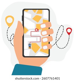 Hand holding smartphone tracking parcel online on GPS navigator through smartphone.  tracking online shopping parcel location tracking app on Smartphone.