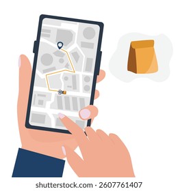 Hand holding smartphone tracking parcel online on GPS navigator through smartphone.  tracking online shopping parcel location tracking app on Smartphone.