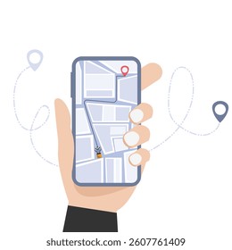 Hand holding smartphone tracking parcel online on GPS navigator through smartphone.  tracking online shopping parcel location tracking app on Smartphone.