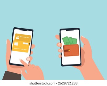 Hand holding smartphone with transaction of cashback, Internet mobile banking transaction, wallet and credit card vector illustration.