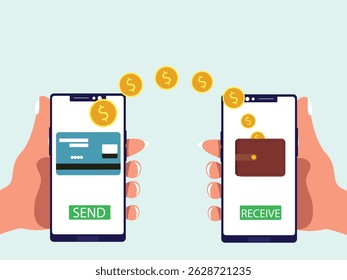 Hand holding smartphone with transaction of cashback, Internet mobile banking transaction, wallet and credit card vector illustration.