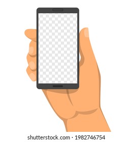 Hand holding smartphone with transparent background in the screen. Vector isolated illustration of a mobile phone display. Blank space for your message.