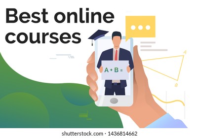 Hand holding smartphone and tutor on screen. Application, service, study concept. Presentation slide template. Vector illustration for topics like knowledge, education, online course