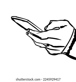 a hand is holding a smartphone and typing something with the thumb. hand drawn on white background. isolated vector graphic.
