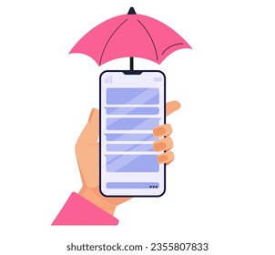 Hand holding  smartphone with umbrella. Flat vector illustration.