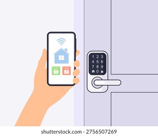 Hand holding smartphone to unlock smart door lock. Mobile app interface for wireless access control, home security and keyless entry system.
