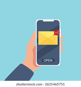 Hand holding Smartphone with unread new message notification on the phone screen. New message pop out on smartphone screen. vector illustration on isolated background.