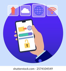 Hand holding smartphone uploading data to cloud storage, ensuring secure transfer with file encryption and progress bar visualization