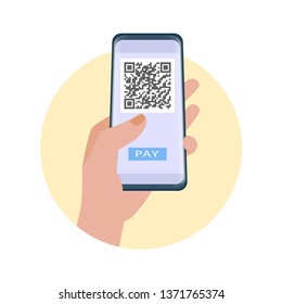 Hand holding smartphone to use application for pay with qr code. Online payment. Vector illustration.