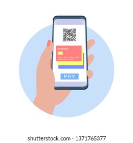 Hand holding smartphone to use application for pay with qr code. Online payment. Vector illustration.