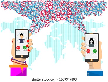 Hand holding smartphone.He is use mobile phone sent white heart i con for woman.line,Calling service,contact,technology,love,Vector communicate and flat design vector.