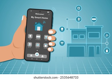 Mano que sostiene un teléfono inteligente para usar el App casero inteligente. Interfaz de tecnología inteligente para el hogar en la aplicación de teléfono inteligente. Ilustración vectorial.