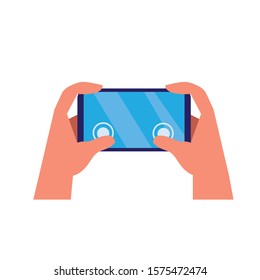 hand holding smartphone use touch control feature flat illustration vector