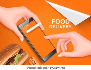 hand holding smartphone and use your finger to order food through the app. And there's a burger and hotdog next to it for food delivery and shopping online concept,vector 3d on orange background