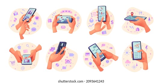 Hand holding smartphone and using apps cartoon set. Vector people hold phones with shopping, navigation, social media and finance, weather and chat application, playing games on digital device