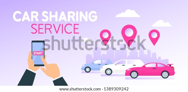 hand holding smartphone using car sharing service\
automobiles city silhouette location icons landing page web site \
design