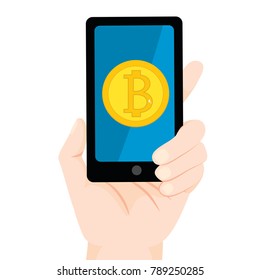 Hand holding smartphone using cryptocurrency bitcoin