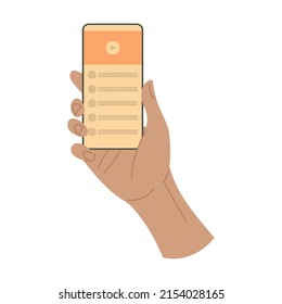 Hand holding smartphone, using mobile apps in smartphone. Cartoon vector illustration of person showing actions with phone