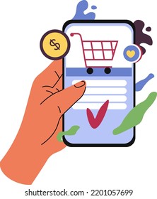 Mano con smartphone usando el teléfono para comprar y comprar productos. Tienda de comestibles o tienda de ropa con mercadería, pedido en línea. Pantalla con carrito o carrito y moneda. Vector de estilo plano