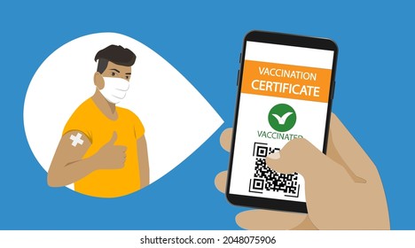 Hand holding smartphone with vaccination certificate.People vaccination concept.Person showing vaccinated arm.Vaccine passport.Pass sanitaire with Qr code.