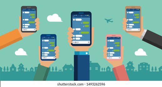 Hand holding smartphone vector banner illustration /Chat app (SNS/message app) 