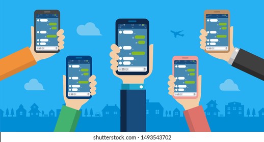 Hand holding smartphone vector banner illustration /Chat app (SNS/message app) 