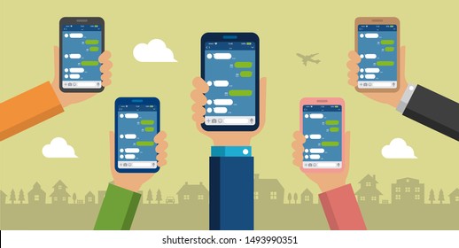 Hand holding smartphone vector banner illustration /Chat app (SNS/message app) 