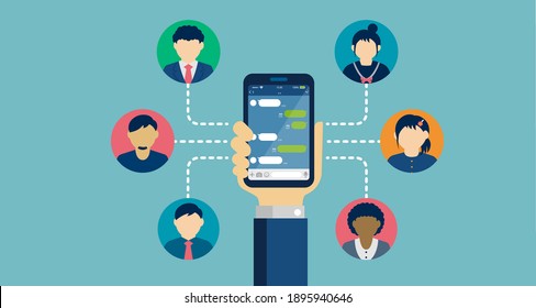 Hand holding smartphone vector banner illustration ( SNS, Chat app motif )