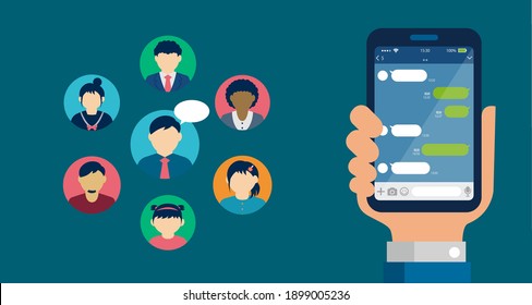 Hand holding smartphone vector banner illustration ( SNS, Chat app motif )