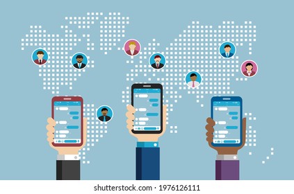 Hand holding smartphone vector banner illustration | Chat app (SNS, message app) 