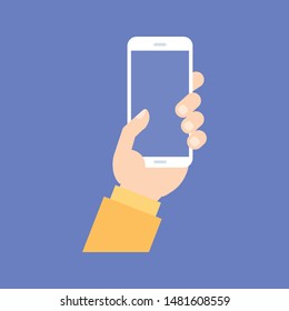 Hand holding smartphone vector, black mobile phone in hand illustration 
