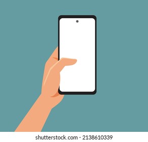 
Hand Holding Smartphone Vector Cartoon Mock-up Illustration. Person using mobile phone texting with his thumb
