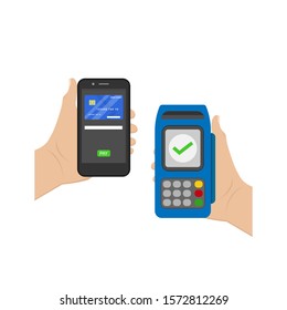 a hand holding a smartphone and an vector design EDC machine with the concept of contactless payment
