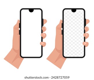 Mano sosteniendo un smartphone. Ilustración plana del vector aislada sobre fondo blanco.