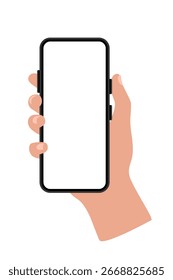 Mano sosteniendo un teléfono inteligente. Clipart plano de Vector aislado sobre fondo blanco.