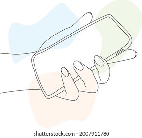 A hand holding the smartphone. Vector hand-drawn line art with abstract color spots.
