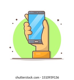 Hand Holding Smartphone Vector Icon Illustration. Smartphone Icon Concept White Isolated. Flat Cartoon Style Suitable for Web Landing Page, Banner, Sticker, Background