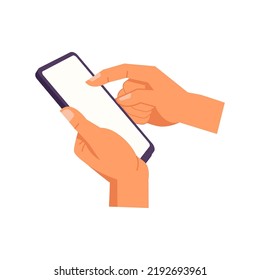 Hand holding smartphone. Vector icon of people hold smartphone or using touch gestures for mobile phone while reading. Press and point, pich and unpinch, rotate and swipe symbol. Digital device