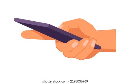 Mano sosteniendo un smartphone. Icono vector de la gente sostiene smartphone o usa gestos táctiles para teléfono móvil mientras lee. Pulse y apunte, pich y despinche, gire y gire el símbolo. Dispositivo digital