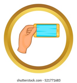 Hand holding smartphone vector icon in golden circle, cartoon style isolated on white background