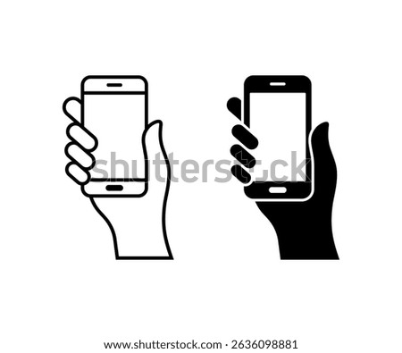 Hand holding smartphone vector icon. Hand holding a phone symbol. Smartphone silhouette icon